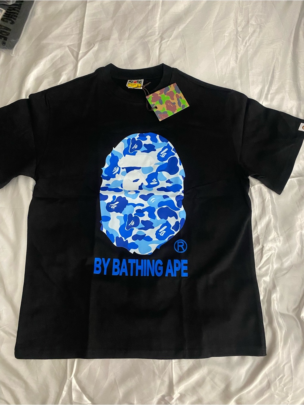 Bape Black Tee with Blue Camo Ape Head